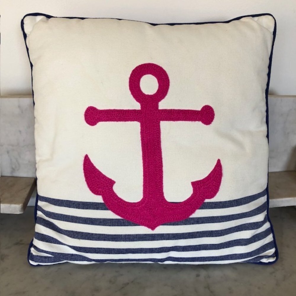 THRESHOLD Nautical Anchor Fuchsia Blue White Stripe Throw Pillow 18 x 18 - Picture 2 of 13